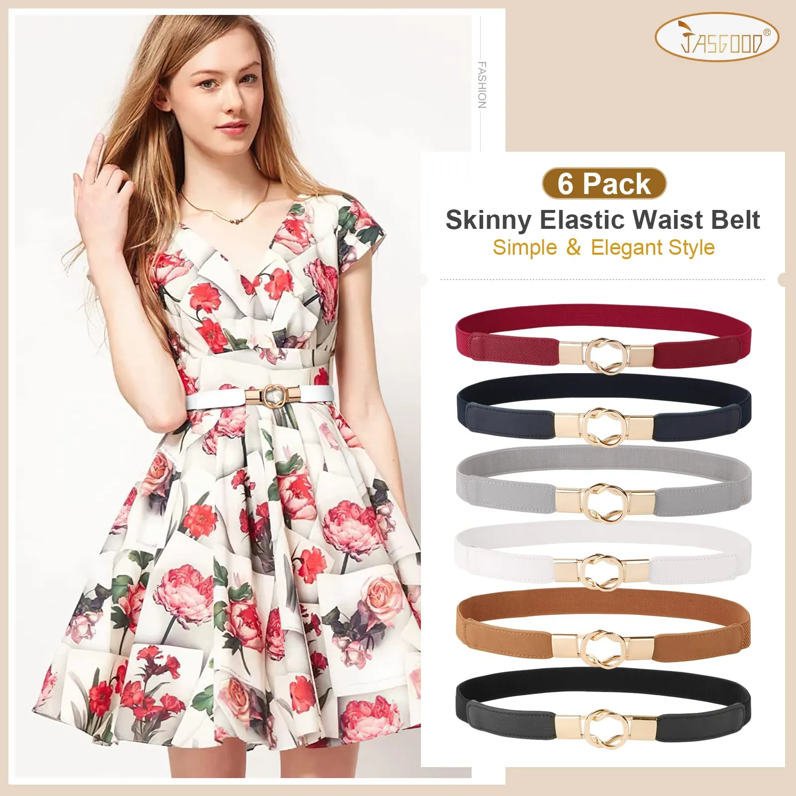 JASGOOD Women Retro Elastic Stretchy Skinny Waist Belt with Metal Gold Buckle