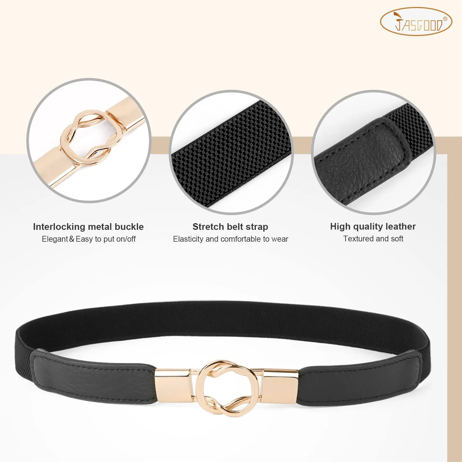 JASGOOD Women Retro Elastic Stretchy Skinny Waist Belt with Metal Gold Buckle