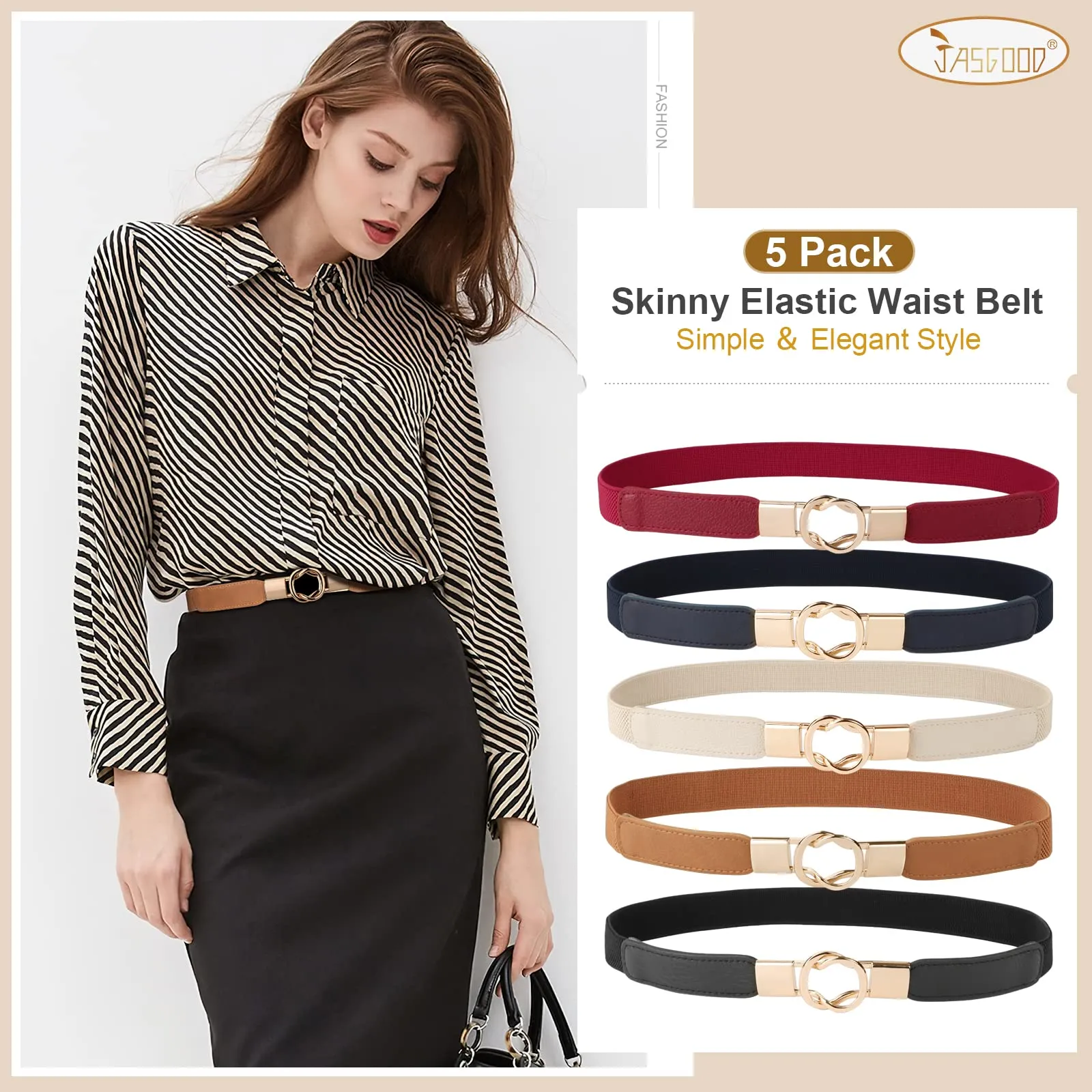 JASGOOD Women Retro Elastic Stretchy Skinny Waist Belt with Metal Gold Buckle