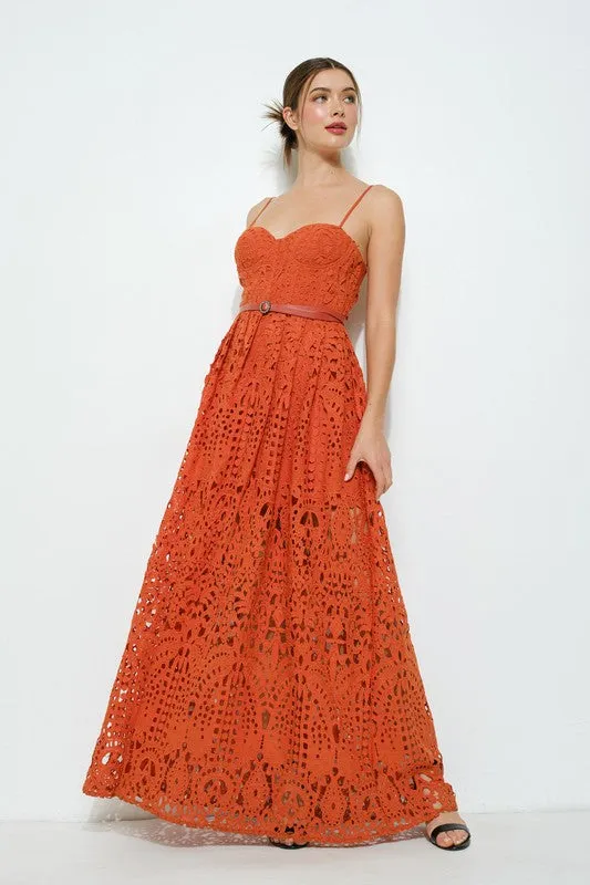 Lace Maxi Spaghetti Strap Dress with Belt