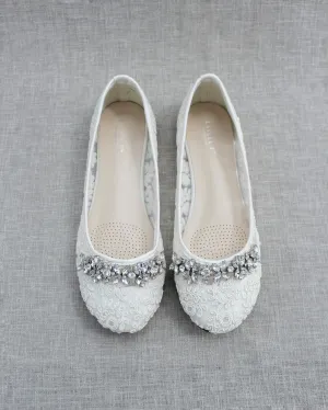 Lace Round Toe Flats with Floral Rhinestones