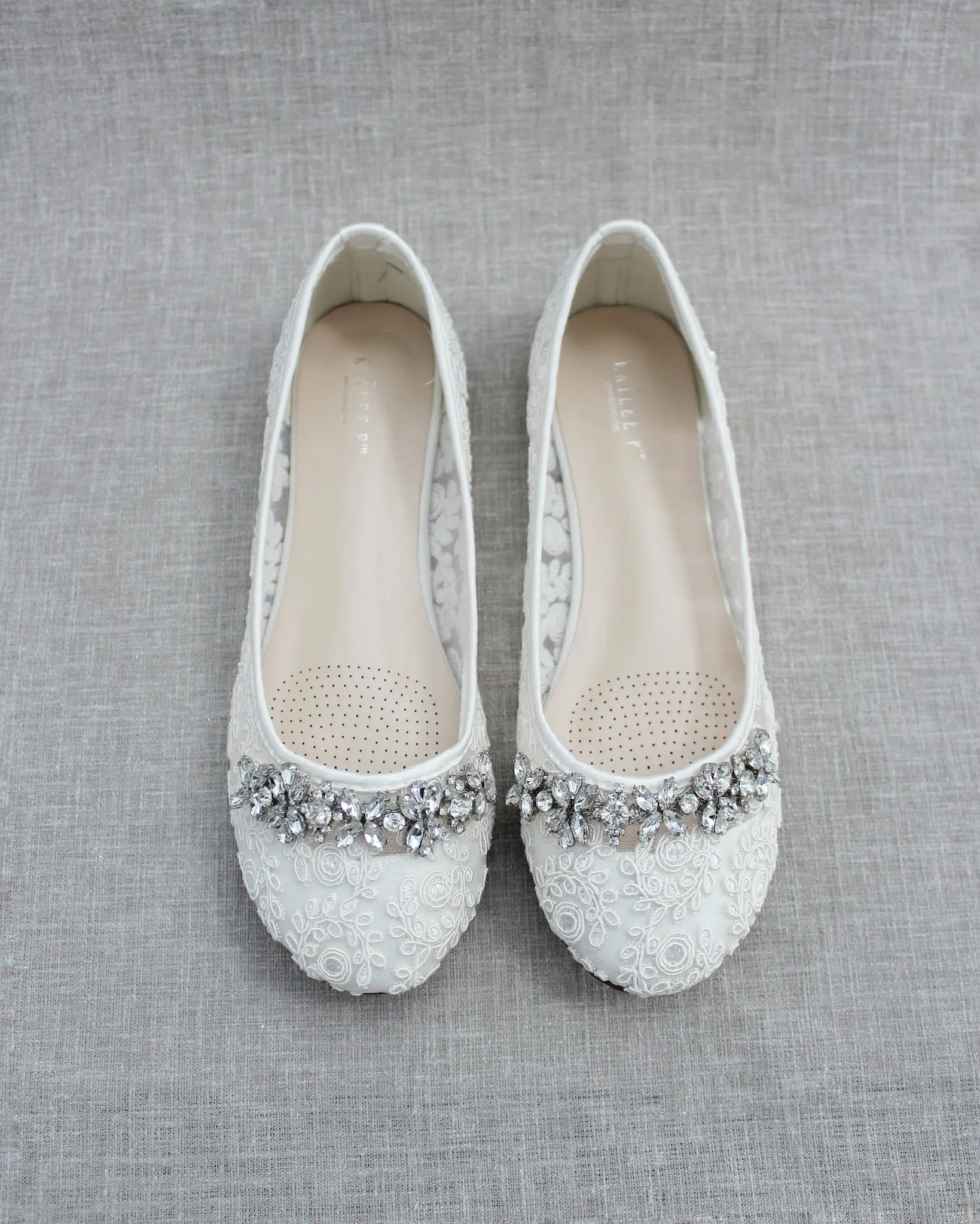 Lace Round Toe Flats with Floral Rhinestones