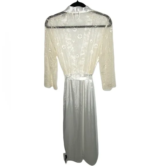 Linea Donatella Ivory Lace-Back Long Wrap Robe Lingerie Women’s Size S/M