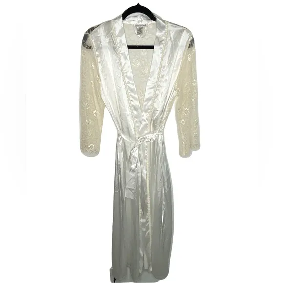 Linea Donatella Ivory Lace-Back Long Wrap Robe Lingerie Women’s Size S/M