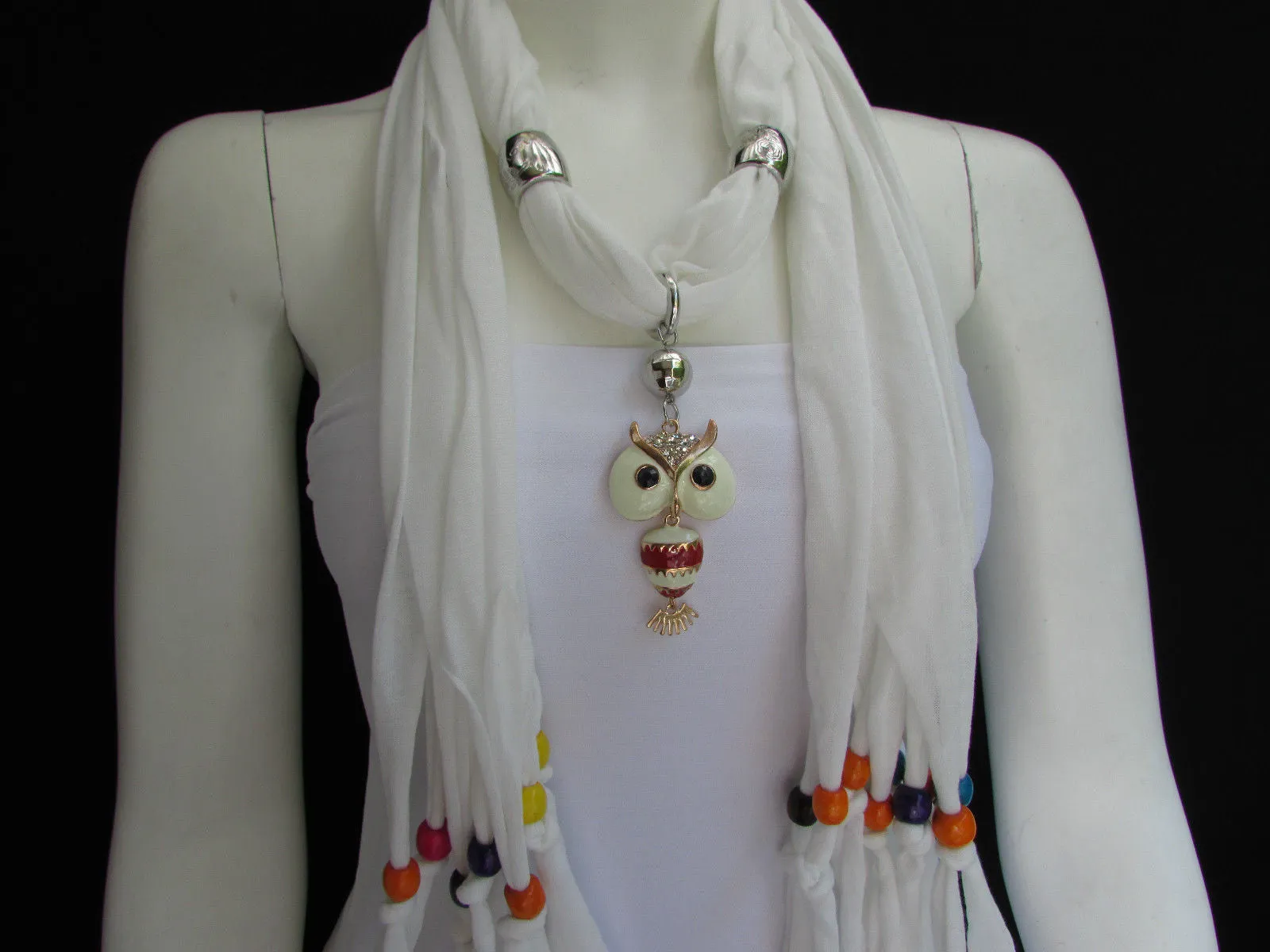 Long Fringed Scarf with Multicolored Beads & Owl Pendant