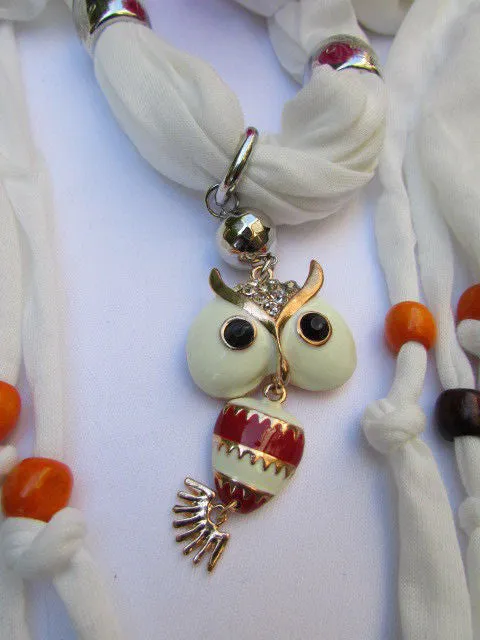 Long Fringed Scarf with Multicolored Beads & Owl Pendant