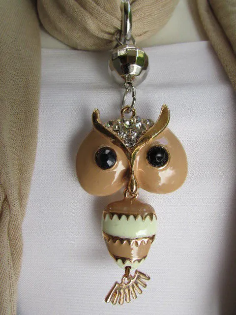 Long Fringed Scarf with Multicolored Beads & Owl Pendant