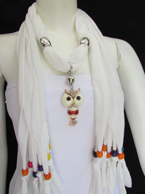 Long Fringed Scarf with Multicolored Beads & Owl Pendant