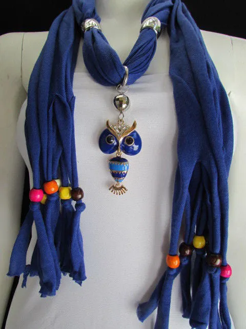 Long Fringed Scarf with Multicolored Beads & Owl Pendant