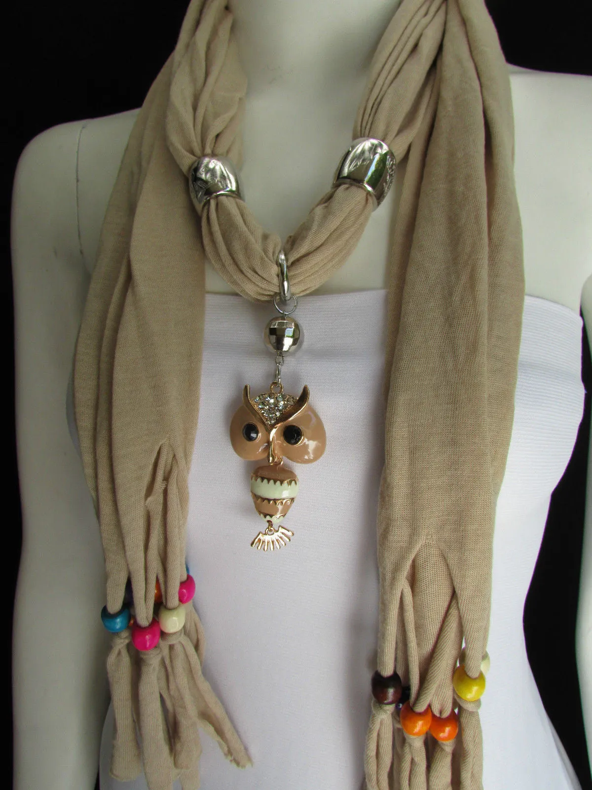 Long Fringed Scarf with Multicolored Beads & Owl Pendant