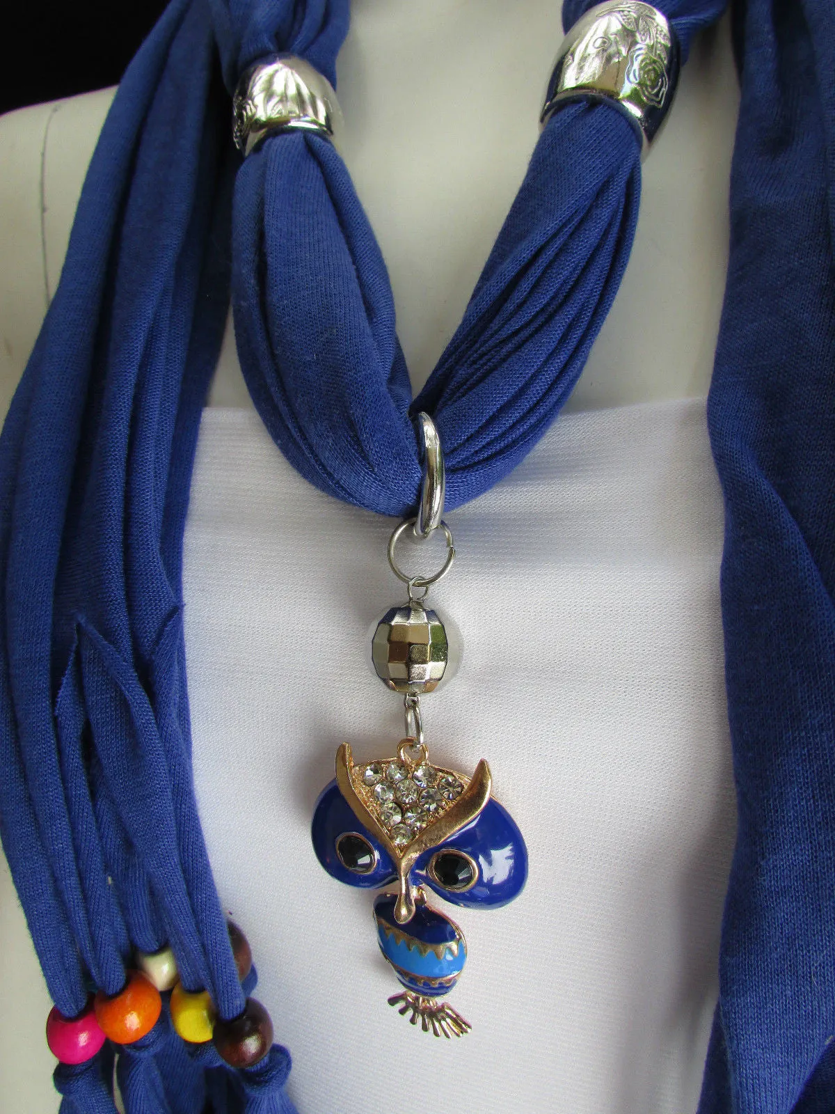 Long Fringed Scarf with Multicolored Beads & Owl Pendant