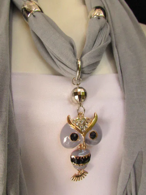 Long Fringed Scarf with Multicolored Beads & Owl Pendant
