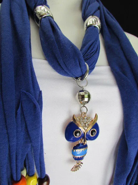 Long Fringed Scarf with Multicolored Beads & Owl Pendant