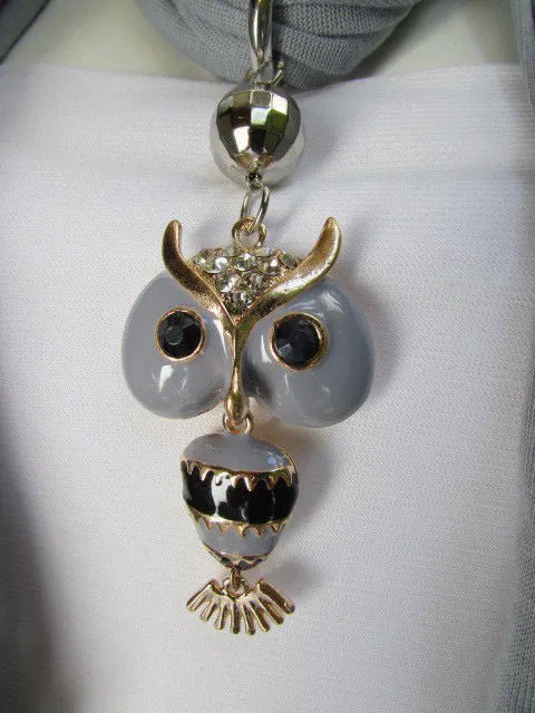 Long Fringed Scarf with Multicolored Beads & Owl Pendant