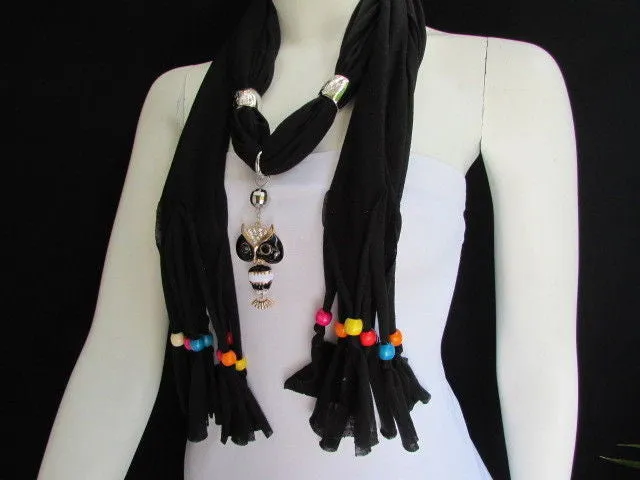 Long Fringed Scarf with Multicolored Beads & Owl Pendant