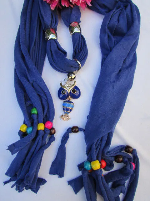 Long Fringed Scarf with Multicolored Beads & Owl Pendant