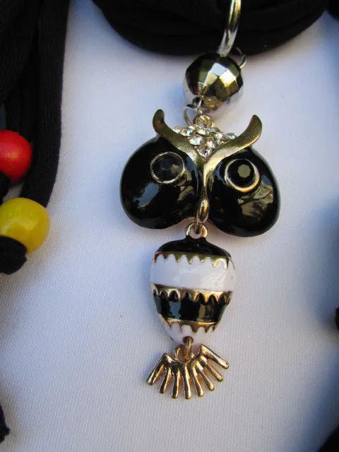 Long Fringed Scarf with Multicolored Beads & Owl Pendant