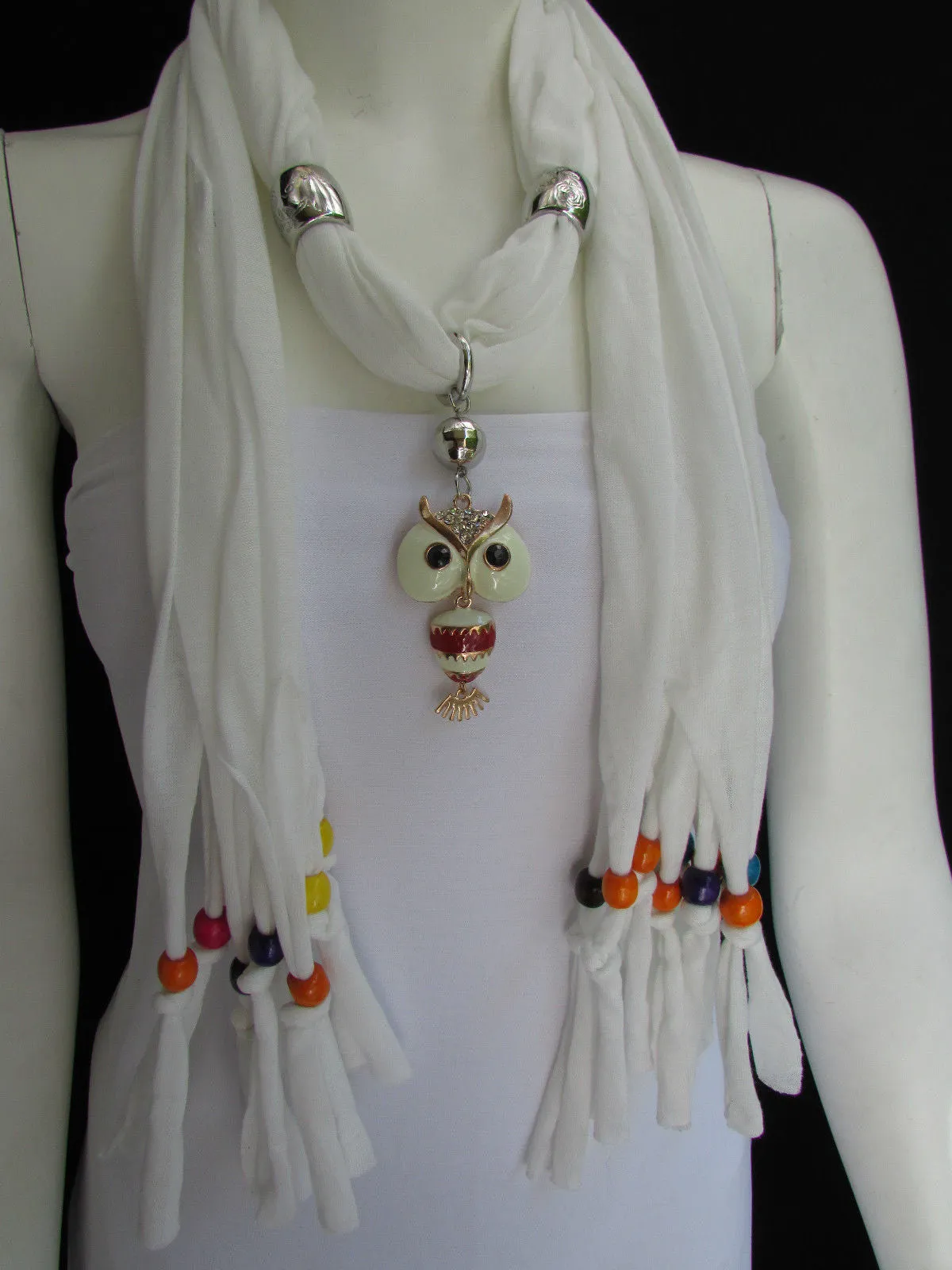 Long Fringed Scarf with Multicolored Beads & Owl Pendant