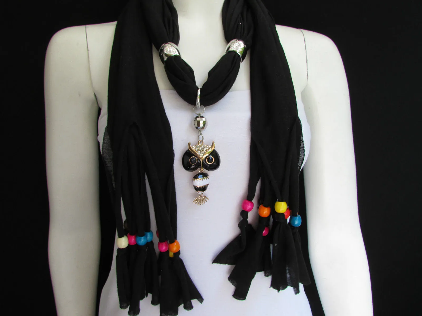 Long Fringed Scarf with Multicolored Beads & Owl Pendant