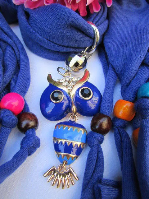 Long Fringed Scarf with Multicolored Beads & Owl Pendant
