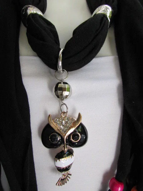 Long Fringed Scarf with Multicolored Beads & Owl Pendant