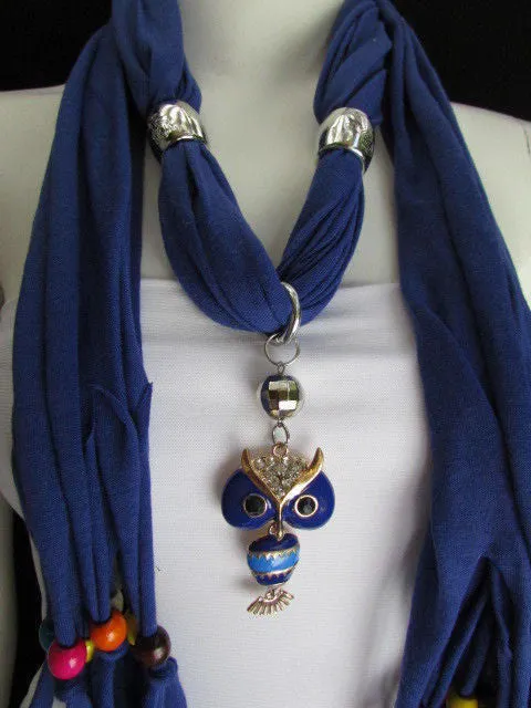 Long Fringed Scarf with Multicolored Beads & Owl Pendant