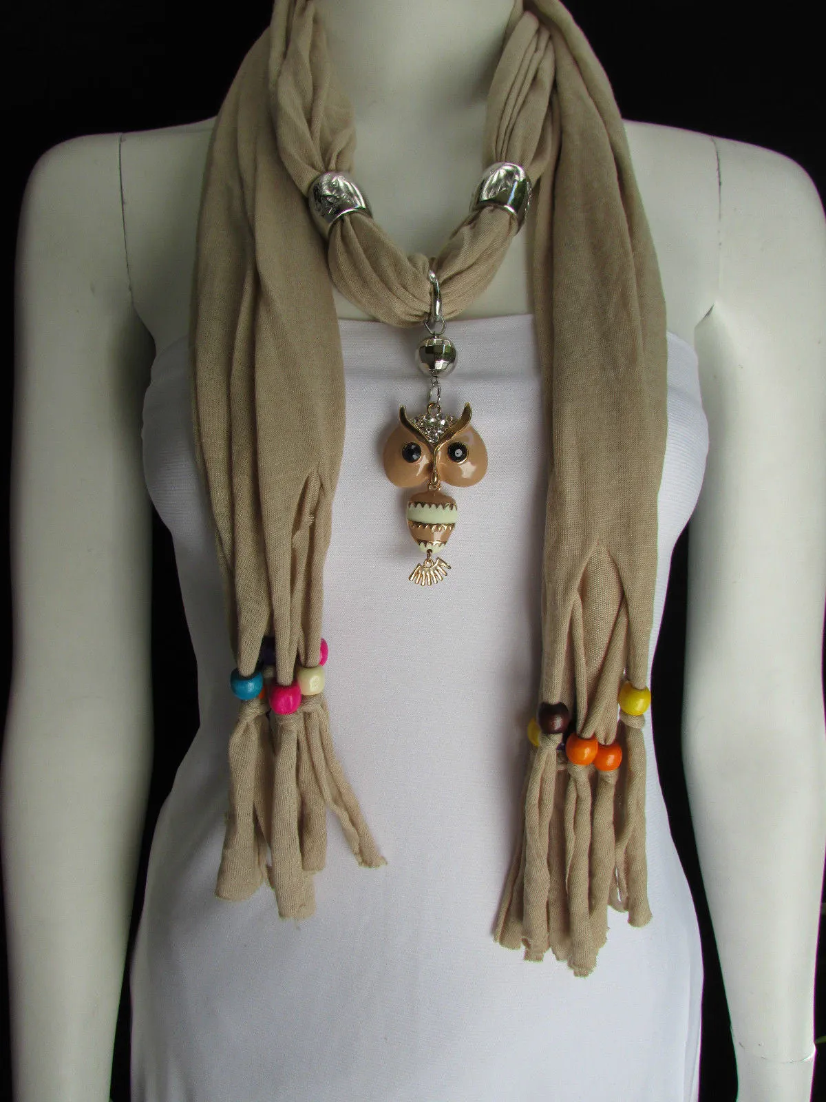 Long Fringed Scarf with Multicolored Beads & Owl Pendant