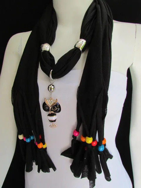Long Fringed Scarf with Multicolored Beads & Owl Pendant
