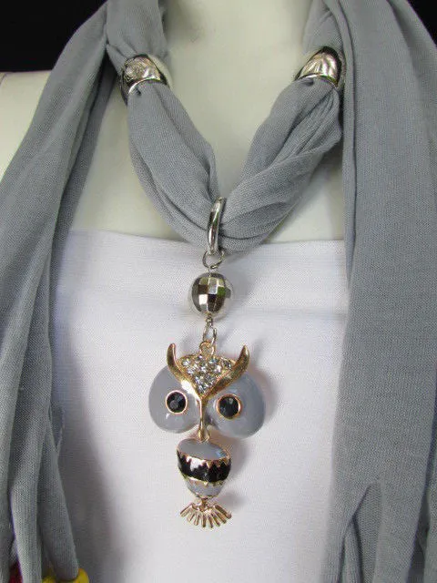 Long Fringed Scarf with Multicolored Beads & Owl Pendant