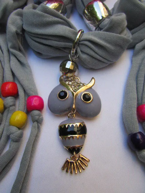 Long Fringed Scarf with Multicolored Beads & Owl Pendant