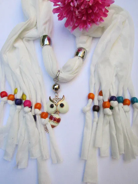Long Fringed Scarf with Multicolored Beads & Owl Pendant