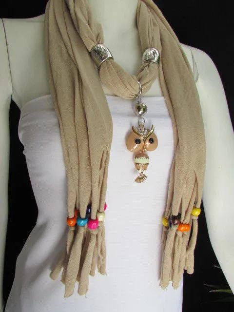 Long Fringed Scarf with Multicolored Beads & Owl Pendant