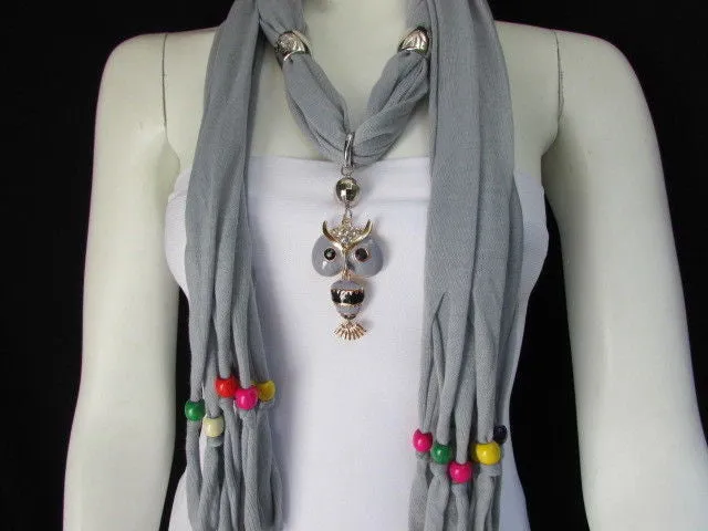 Long Fringed Scarf with Multicolored Beads & Owl Pendant