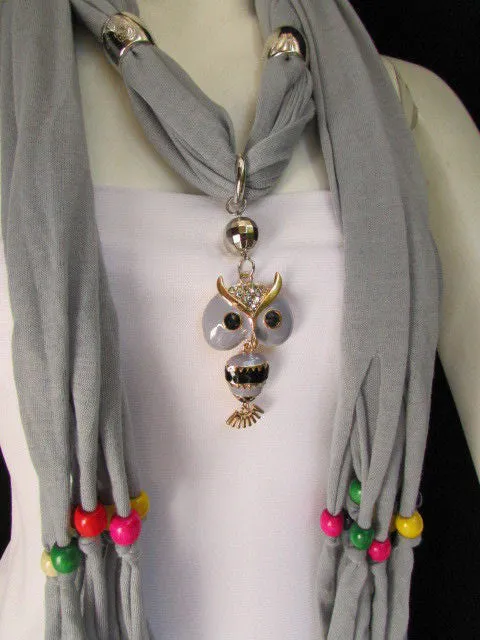 Long Fringed Scarf with Multicolored Beads & Owl Pendant