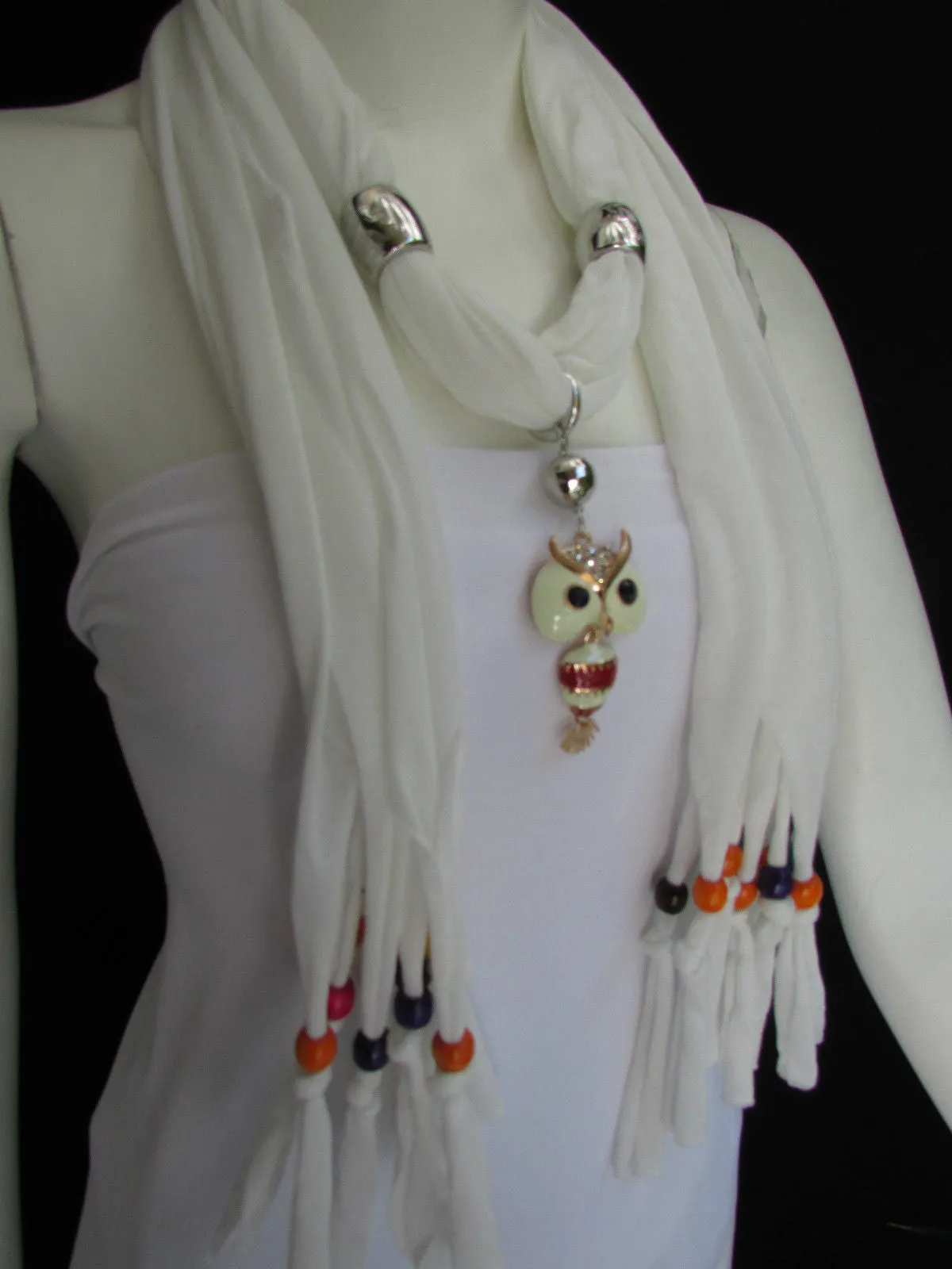 Long Fringed Scarf with Multicolored Beads & Owl Pendant