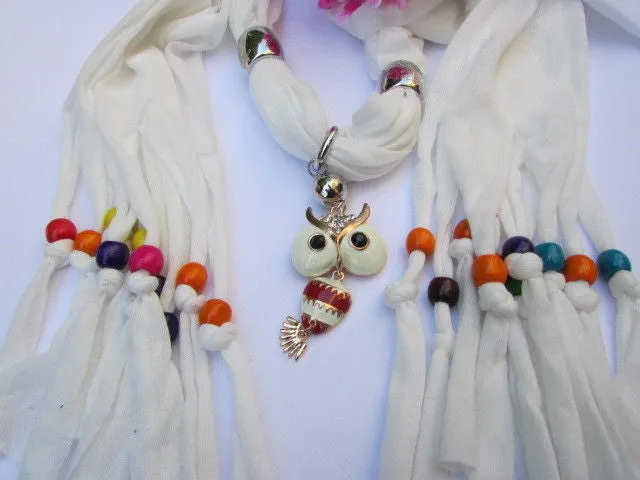 Long Fringed Scarf with Multicolored Beads & Owl Pendant