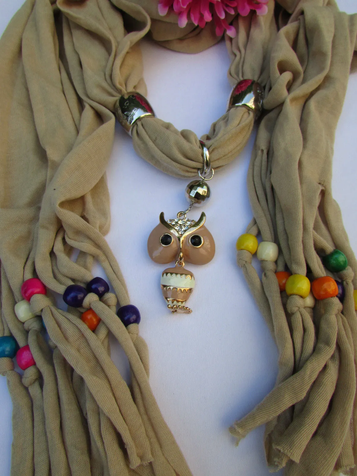 Long Fringed Scarf with Multicolored Beads & Owl Pendant