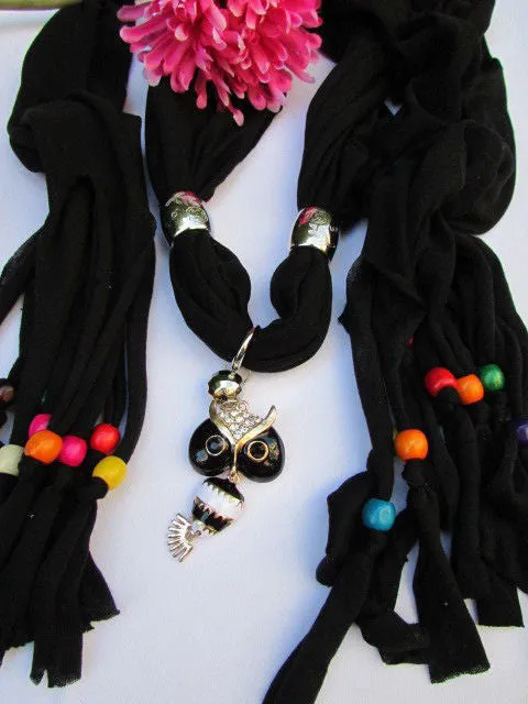 Long Fringed Scarf with Multicolored Beads & Owl Pendant
