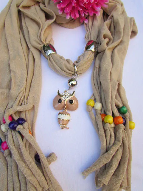 Long Fringed Scarf with Multicolored Beads & Owl Pendant