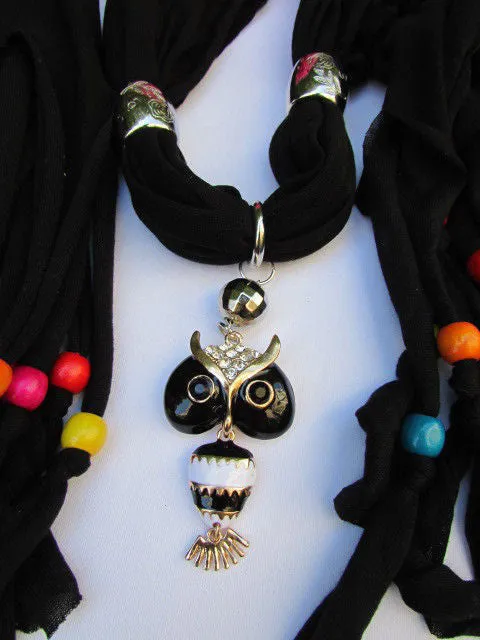 Long Fringed Scarf with Multicolored Beads & Owl Pendant