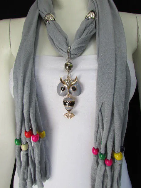 Long Fringed Scarf with Multicolored Beads & Owl Pendant