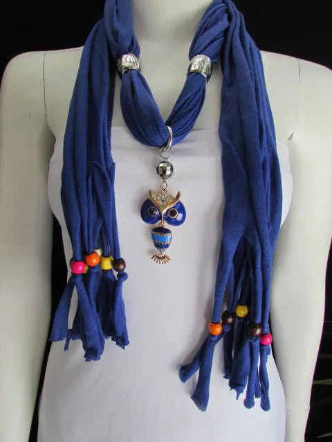 Long Fringed Scarf with Multicolored Beads & Owl Pendant