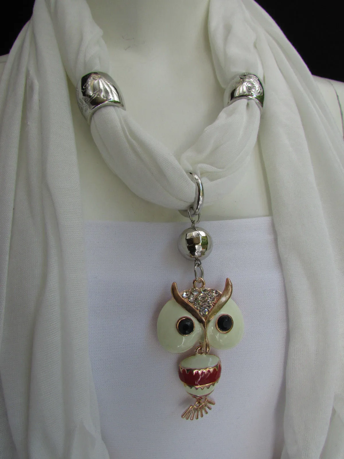 Long Fringed Scarf with Multicolored Beads & Owl Pendant