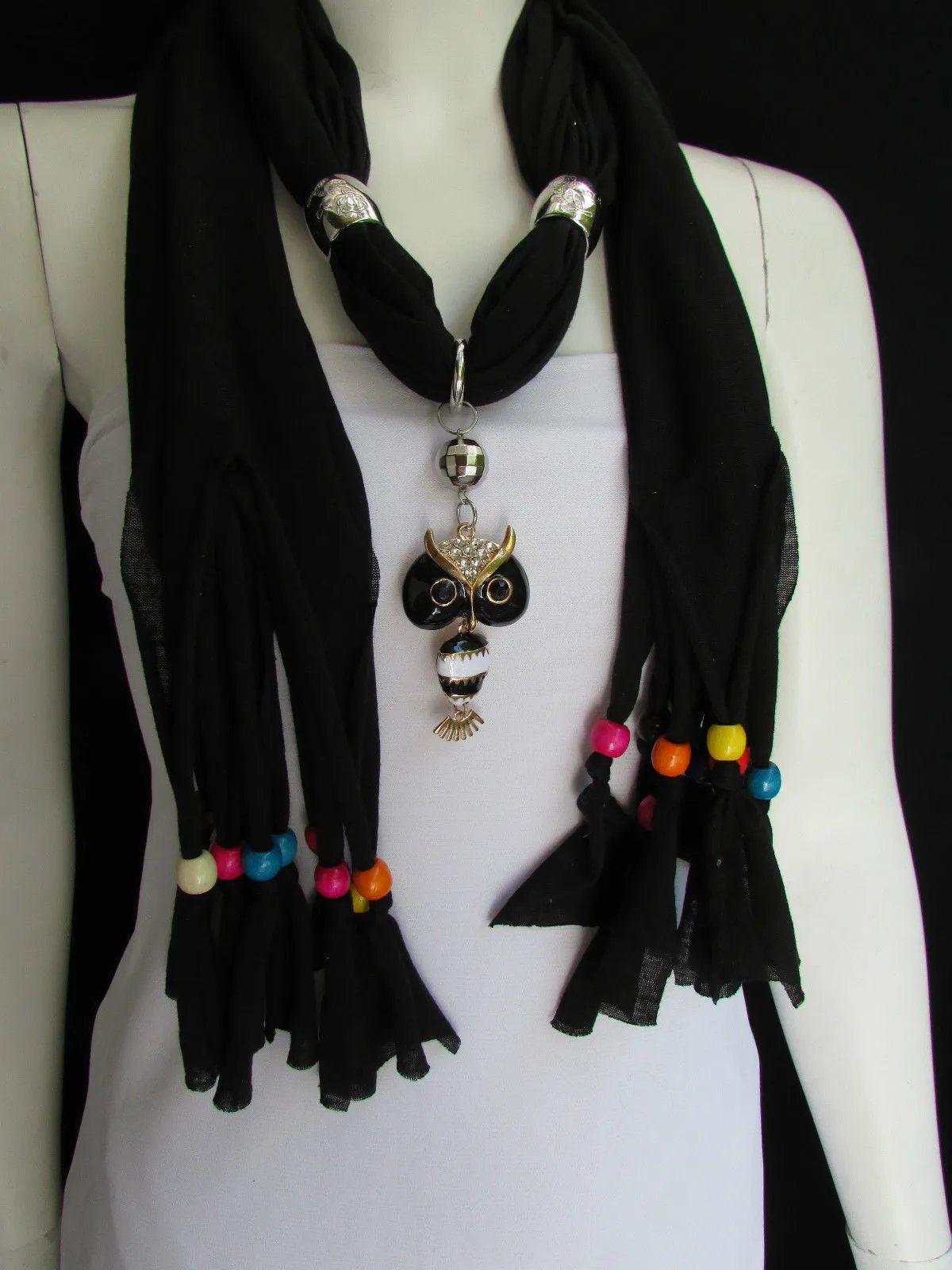 Long Fringed Scarf with Multicolored Beads & Owl Pendant
