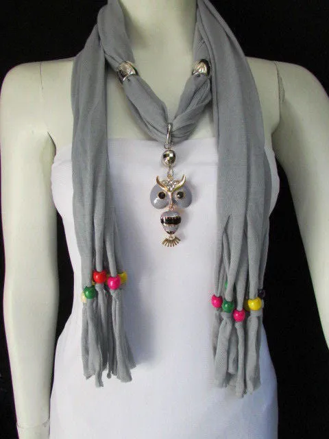 Long Fringed Scarf with Multicolored Beads & Owl Pendant