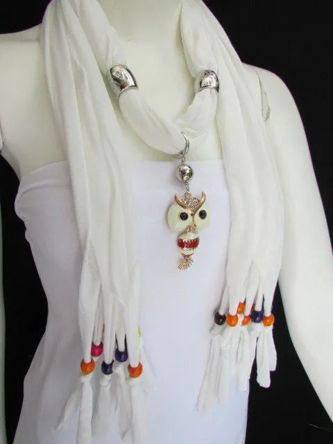 Long Fringed Scarf with Multicolored Beads & Owl Pendant