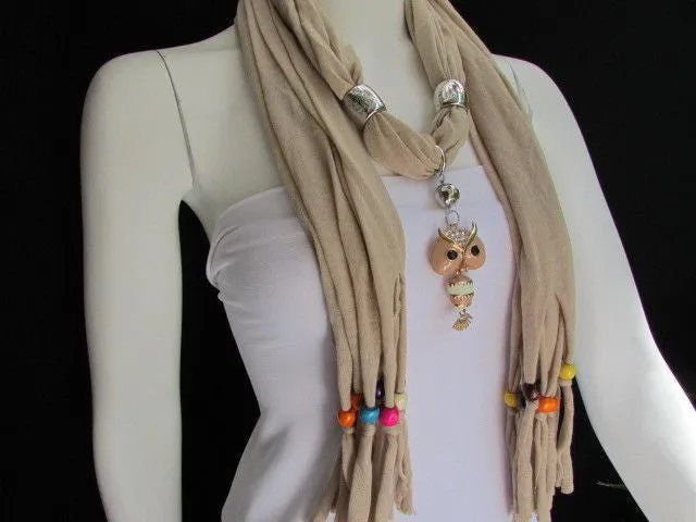 Long Fringed Scarf with Multicolored Beads & Owl Pendant