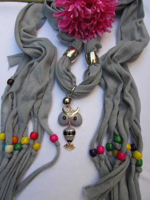 Long Fringed Scarf with Multicolored Beads & Owl Pendant