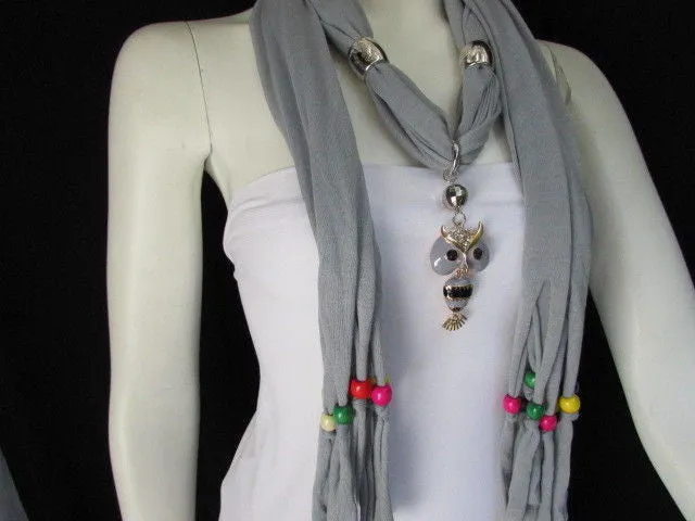 Long Fringed Scarf with Multicolored Beads & Owl Pendant