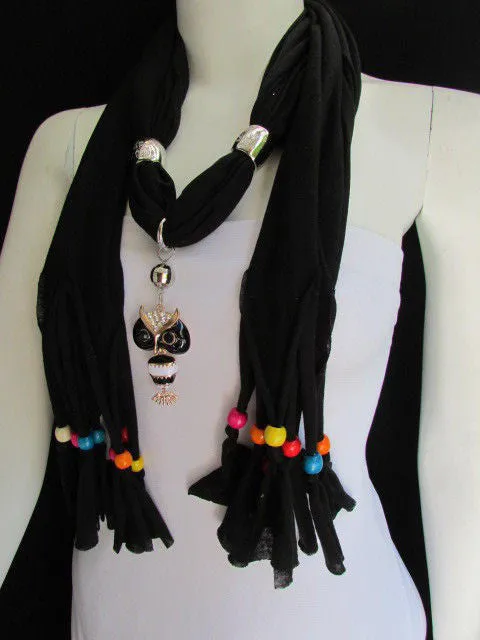 Long Fringed Scarf with Multicolored Beads & Owl Pendant